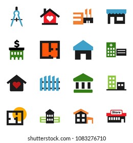 solid vector ixon set - school building vector, drawing compass, bank, hospital, home, cottage, fence, plan, apartments, love, store, mall