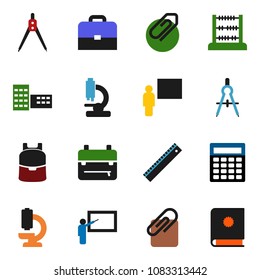 solid vector ixon set - school building vector, blackboard, ruler, drawing compass, case, backpack, abacus, calculator, microscope, attachment, catalog