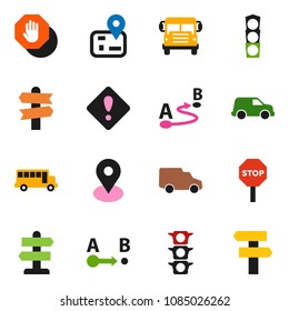 solid vector ixon set - school bus vector, signpost, navigator, map pin, traffic light, car, route, attention sign, stop