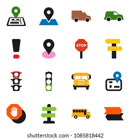 solid vector ixon set - school bus vector, signpost, navigator, map pin, traffic light, car, attention sign, stop