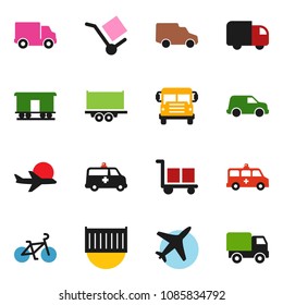 solid vector ixon set - school bus vector, bike, plane, truck trailer, sea container, delivery, car, cargo, Railway carriage, amkbulance