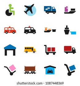 solid vector ixon set - school bus vector, Railway carriage, plane, ship, delivery, port, cargo, warehouse, disabled, amkbulance car, garage, relocation truck, trolley