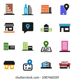 solid vector ixon set - school building vector, navigator, office, traking, apartments, store, mall