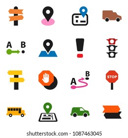 solid vector ixon set - school bus vector, signpost, navigator, map pin, traffic light, car, route, attention sign, stop