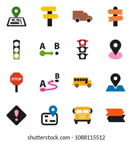 solid vector ixon set - school bus vector, signpost, navigator, map pin, traffic light, car, route, attention sign, stop