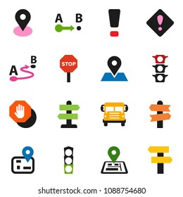 solid vector ixon set - school bus vector, signpost, navigator, map pin, traffic light, route, attention sign, stop