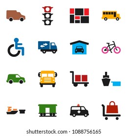solid vector ixon set - school bus vector, bike, traffic light, car, port, consolidated cargo, Railway carriage, disabled, amkbulance, garage, relocation truck, trolley