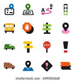 solid vector ixon set - school bus vector, signpost, navigator, map pin, traffic light, car, route, attention sign, stop
