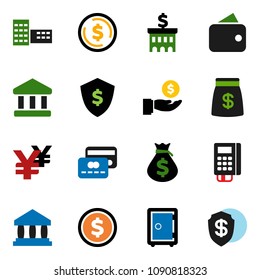 solid vector ixon set - school building vector, bank, dollar coin, money bag, investment, shield, safe, yen sign, credit card, wallet, reader