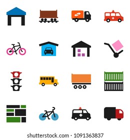 solid vector ixon set - school bus vector, bike, Railway carriage, traffic light, truck trailer, sea container, consolidated cargo, warehouse, amkbulance car, garage, relocation, delivery