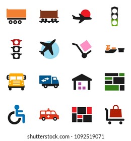 solid vector ixon set - school bus vector, Railway carriage, plane, traffic light, truck trailer, port, consolidated cargo, warehouse, disabled, amkbulance car, relocation, trolley