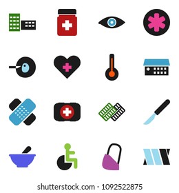 solid vector ixon set - school building vector, first aid kit, ambulance star, disabled, heart cross, thermometer, eye, insemination, scalpel, patch, pills bottle, blister, mortar, hospital, bandage