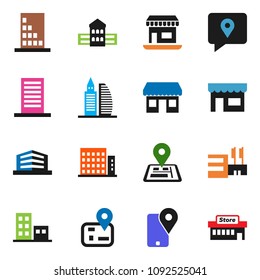 solid vector ixon set - school building vector, navigator, office, traking, apartments, store, mall