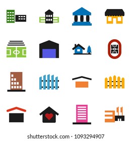 solid vector ixon set - school building vector, bank, stadium, dry cargo, chalet, barn, fence, love home, store, mall