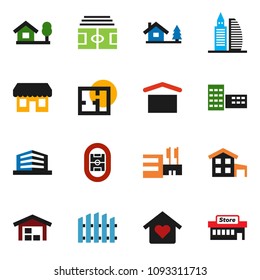 solid vector ixon set - school building vector, stadium, dry cargo, cottage, chalet, barn, fence, plan, office, love home, store, mall