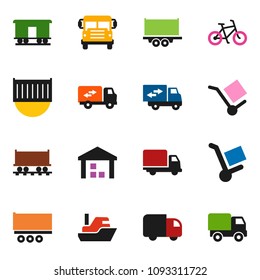 solid vector ixon set - school bus vector, bike, Railway carriage, ship, truck trailer, sea container, delivery, cargo, warehouse, relocation, trolley