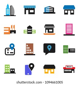 solid vector ixon set - school building vector, navigator, office, traking, apartments, store, mall