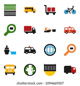 solid vector ixon set - school bus vector, world, bike, sea container, delivery, port, cargo, search, amkbulance car