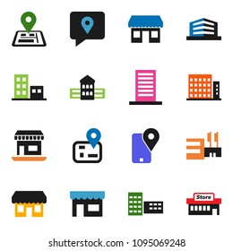 solid vector ixon set - school building vector, navigator, office, traking, apartments, store, mall