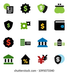 solid vector ixon set - school building vector, bank, wallet, percent growth, receipt, dollar medal, shield, any currency, yen sign