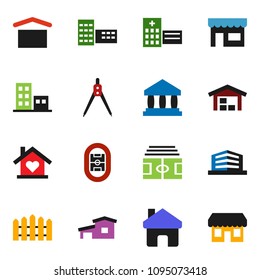 solid vector ixon set - school building vector, drawing compass, bank, stadium, dry cargo, hospital, home, cottage, barn, fence, apartments, office, love, store