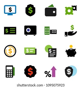 solid vector ixon set - school building vector, dollar coin, percent growth, piggy bank, investment, receipt, medal, shield, safe, monitor, any currency, wallet, card reader, check