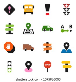 solid vector ixon set - school bus vector, signpost, navigator, map pin, traffic light, car, route, attention sign, stop