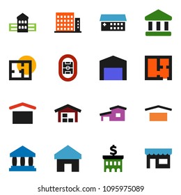 solid vector ixon set - school building vector, bank, stadium, dry cargo, hospital, home, cottage, barn, plan, apartments, store