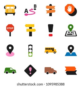 solid vector ixon set - school bus vector, signpost, navigator, map pin, traffic light, car, route, attention sign, stop
