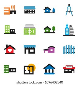 solid vector ixon set - school building vector, drawing compass, university, stadium, hospital, cottage, chalet, fence, plan, apartments, office, love home, store, mall
