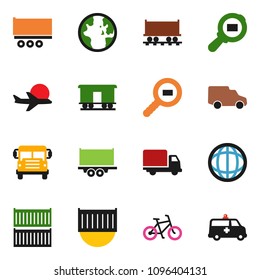solid vector ixon set - school bus vector, world, bike, Railway carriage, plane, truck trailer, sea container, delivery, car, cargo search, amkbulance