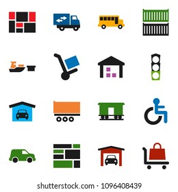 solid vector ixon set - school bus vector, traffic light, truck trailer, sea container, car, port, consolidated cargo, warehouse, Railway carriage, disabled, garage, relocation, trolley