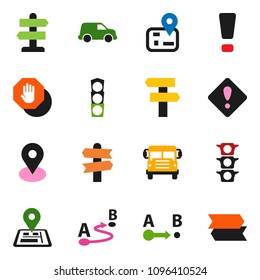 solid vector ixon set - school bus vector, signpost, navigator, map pin, traffic light, car, route, attention sign, stop