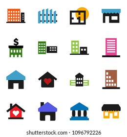 solid vector ixon set - school building vector, bank, home, fence, plan, apartments, love, store