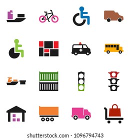 solid vector ixon set - school bus vector, bike, traffic light, ship, truck trailer, sea container, delivery, car, port, consolidated cargo, warehouse, disabled, amkbulance, trolley