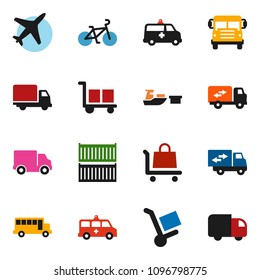 solid vector ixon set - school bus vector, bike, plane, sea container, delivery, port, cargo, amkbulance car, relocation truck, trolley