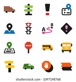 solid vector ixon set - school bus vector, signpost, navigator, map pin, traffic light, car, route, attention sign, stop