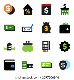 solid vector ixon set - school building vector, wallet, percent growth, check, bank, dollar medal, receipt, coin, money bag, card reader, shield