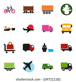solid vector ixon set - school bus vector, world, bike, Railway carriage, plane, truck trailer, delivery, car, port, trolley
