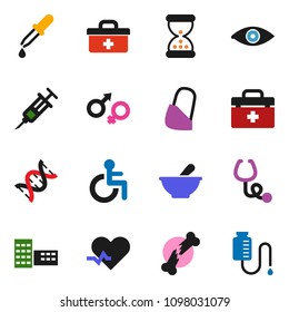 solid vector ixon set - school building vector, doctor bag, disabled, heart pulse, eye, gender sign, dna, syringe, dropper, broken bone, sand clock, stethoscope, mortar, bandage, drop counter