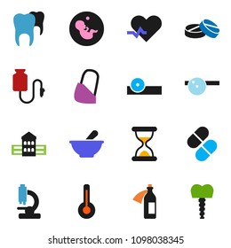 solid vector ixon set - school building vector, heart pulse, thermometer, pregnancy, sand clock, pills, mortar, eye doctor hat, microscope, potion, bandage, drop counter, tooth, implant