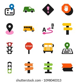 solid vector ixon set - school bus vector, signpost, navigator, map pin, traffic light, car, route, attention sign, stop