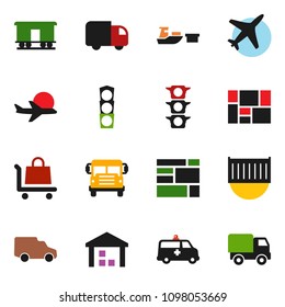 solid vector ixon set - school bus vector, plane, traffic light, sea container, car, port, consolidated cargo, warehouse, Railway carriage, amkbulance, trolley, delivery