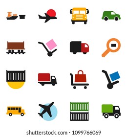 solid vector ixon set - school bus vector, Railway carriage, plane, sea container, delivery, car, port, cargo, search, trolley