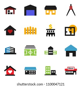 solid vector ixon set - school building vector, drawing compass, bank, stadium, hospital, home, barn, fence, plan, apartments, office, love, store, mall