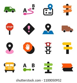 solid vector ixon set - school bus vector, signpost, navigator, map pin, traffic light, car, route, attention sign, stop