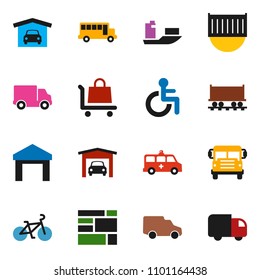 solid vector ixon set - school bus vector, bike, Railway carriage, ship, sea container, delivery, car, consolidated cargo, warehouse, disabled, amkbulance, garage, trolley