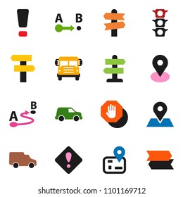 solid vector ixon set - school bus vector, signpost, navigator, map pin, traffic light, car, route, attention sign, stop