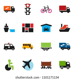 solid vector ixon set - school bus vector, bike, Railway carriage, plane, traffic light, ship, truck trailer, delivery, port, consolidated cargo, disabled, amkbulance car, garage, relocation