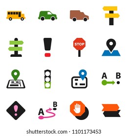 solid vector ixon set - school bus vector, signpost, navigator, map pin, traffic light, car, route, attention sign, stop